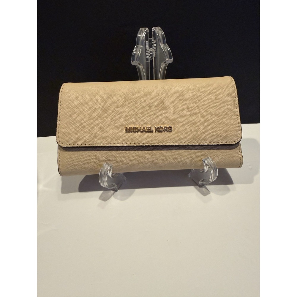 Michael Kors Beige Saffiano Leather Flap Wallet Continental Zip MK